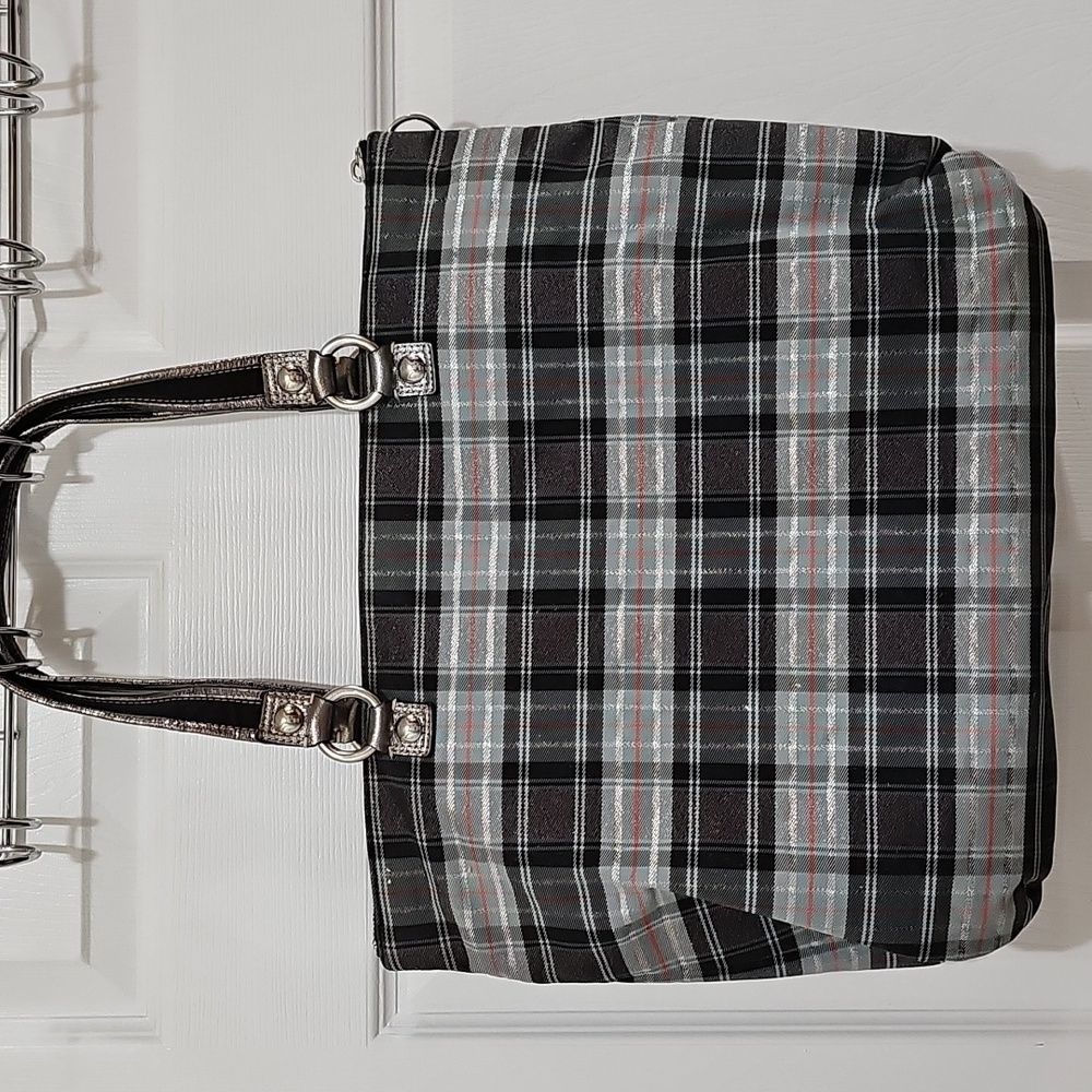Coach Poppy Plaid Lurex Tartan Black and Gray Women's Tote Bag - Picture 7 of 17